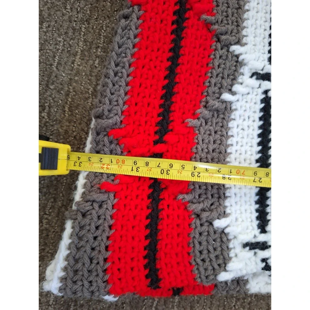 Vintage Handmade Crochet Afghan Blanket Red White Grey Black Stripe Fringe Throw